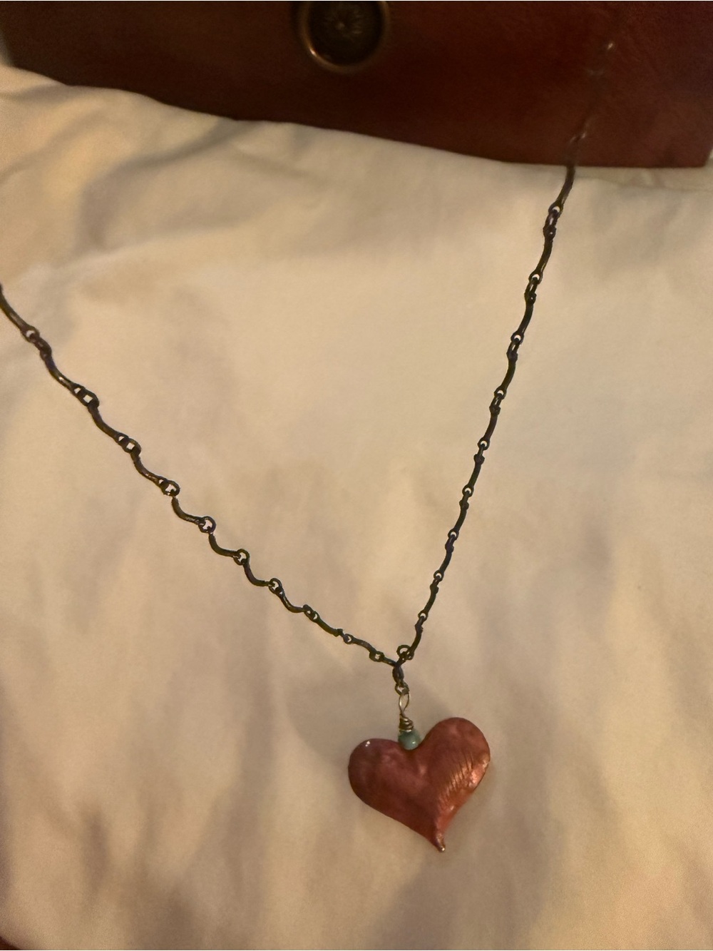 Artisan Red Heart Necklace on Dark Metal Scalloped Chain with Turquoise Bead